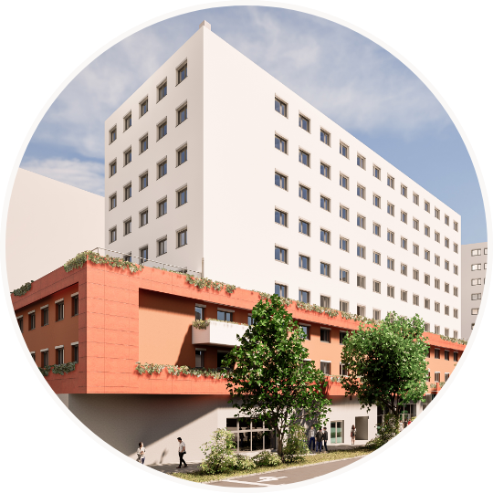 Aussenansicht Gebäude Studentenwohnheim Simone Veil Gasse