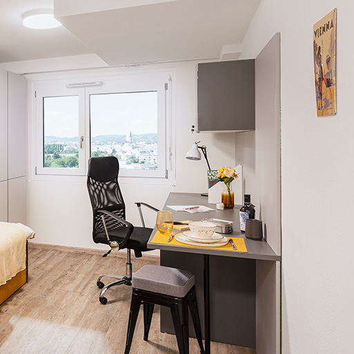 Arbeitsplatz mit Fenster Simone Veil Gasse Studentenwohnheim