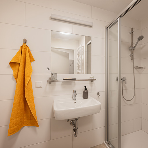 Badezimmer mit Handtuch und Dusche